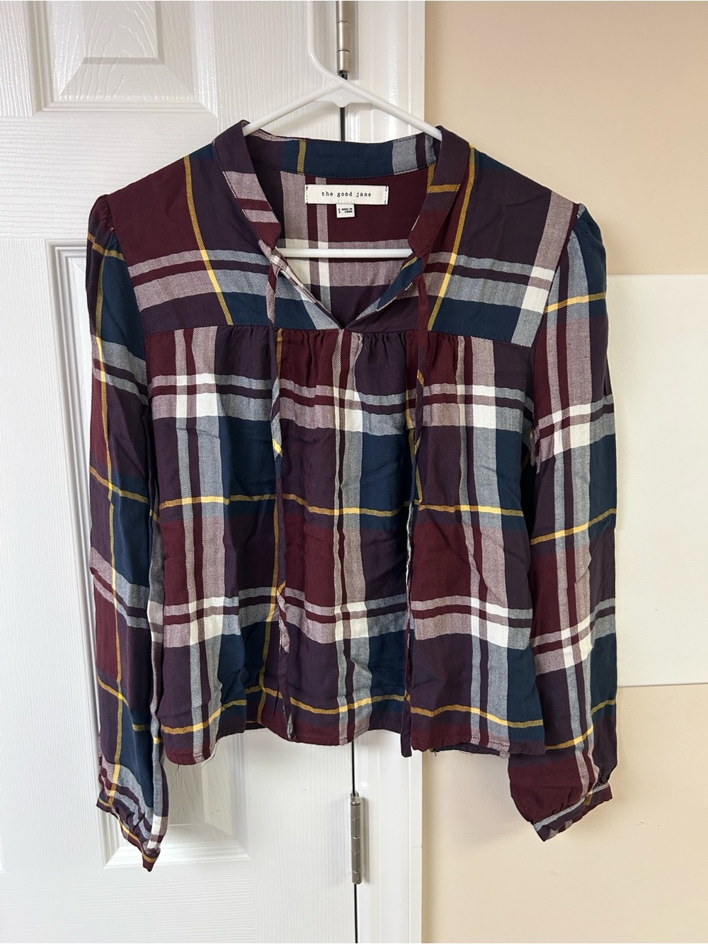 The Good Jane plaid long-sleeve blouse tie neck detail